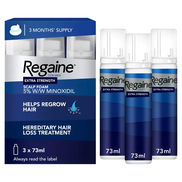 Triple pack of regaine foam for men front view of pack with three bottles standing next to the pack