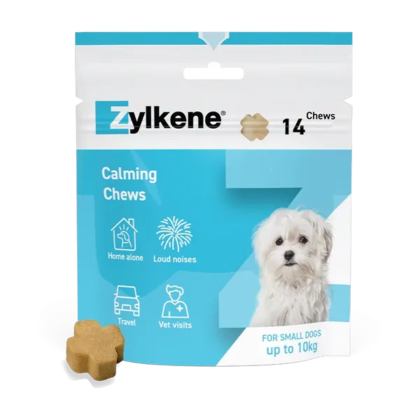 Zylkene Calming Chews for small dogs up to 10kg, 14-chew pouch with a chew in front, front view.