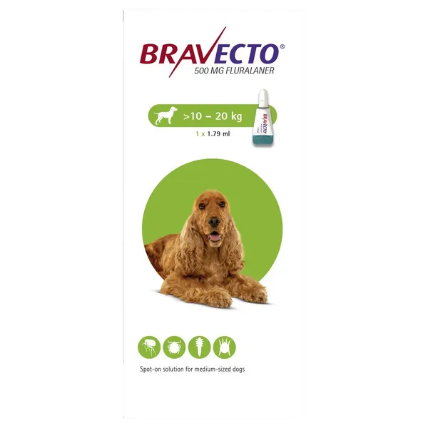 Bravecto 500mg Spot-On Solution for Dogs 10 - 20kg (Single Dose)