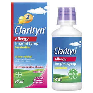 Box and 60ml bottle of Clarityn Children's Allergy syrup front view