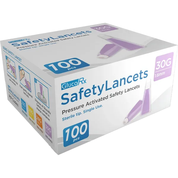 GlucoRx Safety Lancets 30G 1.6mm Pack of 100