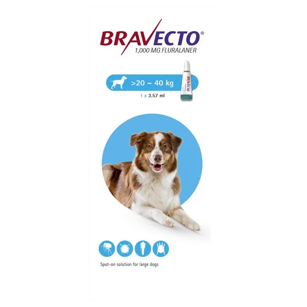 Bravecto 1000mg Spot-on Solution for Large Dogs 20 - 40kg (Single Dose)