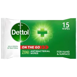 Dettol On The Go 2-in-1 Antibacterial Wipes Pack of 15