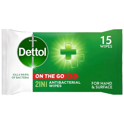 Dettol On The Go 2-in-1 Antibacterial Wipes Pack of 15