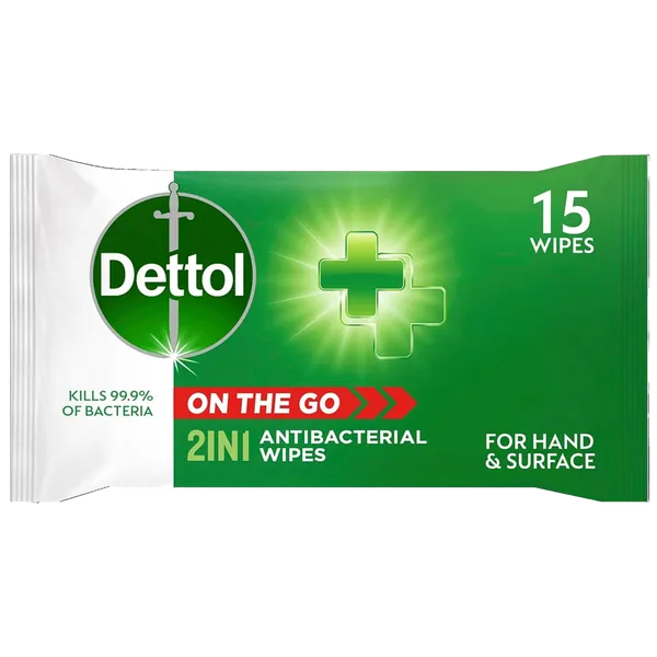 Dettol On The Go 2-in-1 Antibacterial Wipes Pack of 15