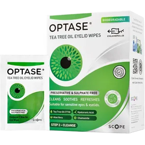 Box of 20 Optase Tea Tree Oil eyelid cleansing wipes front view