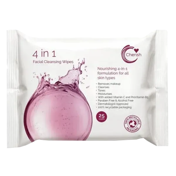 Cherish 4 in 1 Facial Cleansing Wipes Pack of 25