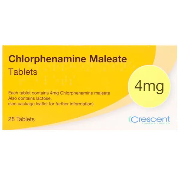 Pack of 28 Chlorphenamine Maleate 4mg Tablets front view