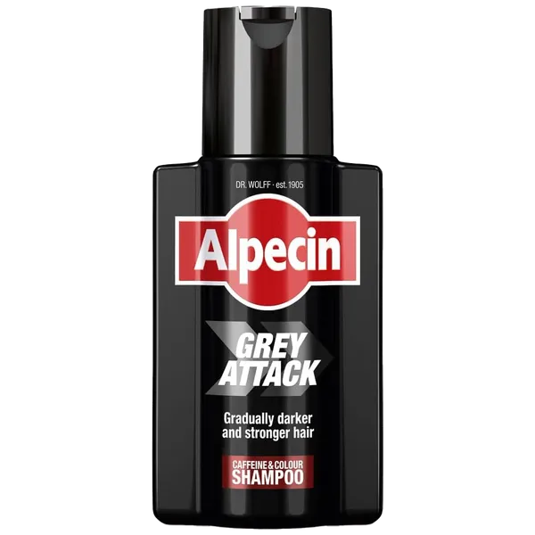 200ml bottle of Alpecin Grey Attack shampoo front view