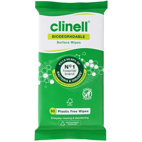 Clinell Biodegradable Surface Plastic-Free Wipes Pack of 60