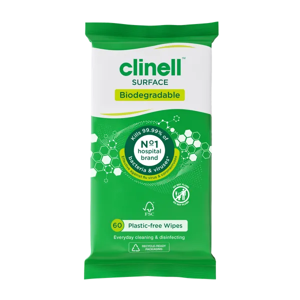 Clinell Biodegradable Surface Plastic-Free Wipes Pack of 60