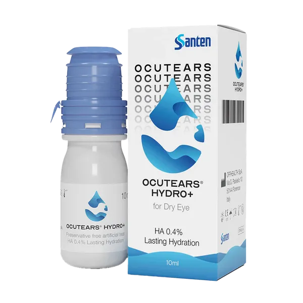 Box and 10ml bottle of Ocutears Hydro+ eye drops front view