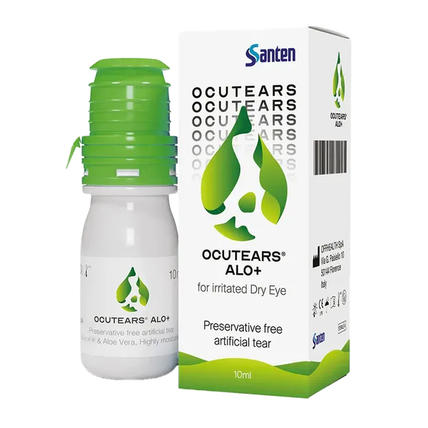 Box and 10ml bottle of Ocutears Alo+ eye drops front view