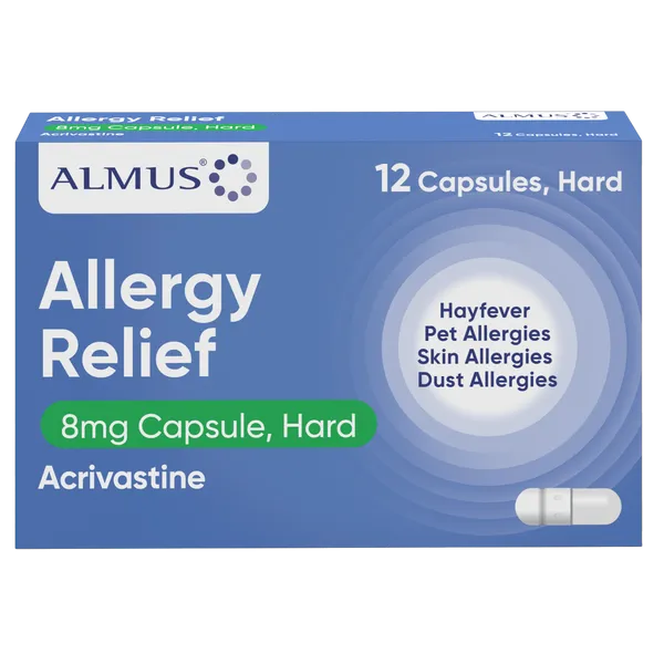 Box of 12 Almus Acrivastine capsules front view