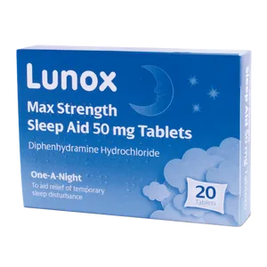Pack of 20 Lunox sleep aid tablets front view