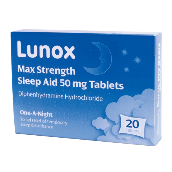 Pack of 20 Lunox sleep aid tablets front view