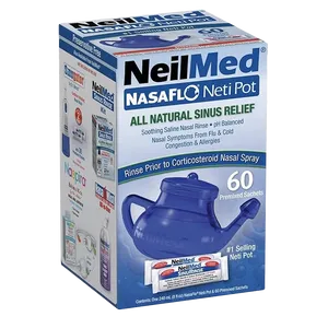 Box containing a Neilmed NasaFlo neti pot and 60 premixed sachets front view