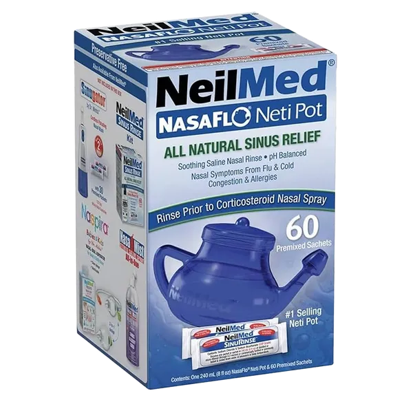 Box containing a Neilmed NasaFlo neti pot and 60 premixed sachets front view