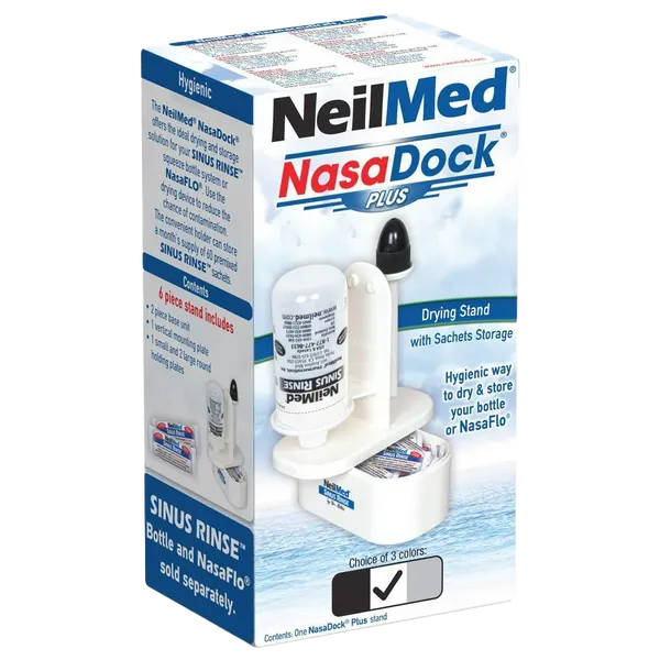 Box containing a Neilmed NasaDock drying stand front view