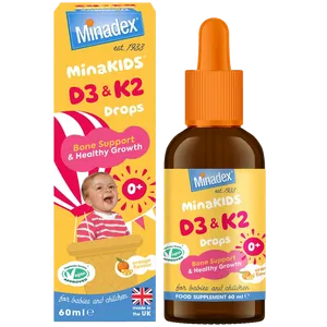 Box & dropper of MinaKIDS D3 & K2 Drops 60ml front view