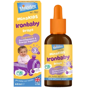 Box & dropper for MinaKIDS Ironbaby Drops 60ml front view