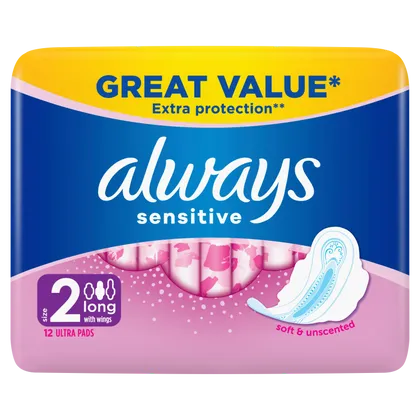 Always Sensitive Long (Size 2) Pads with Wings Pack of 12
