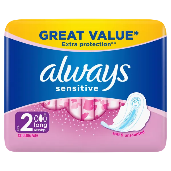 Always Sensitive Long (Size 2) Pads with Wings Pack of 12