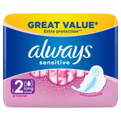 Always Sensitive Long (Size 2) Pads with Wings Pack of 12