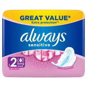 Always Sensitive Long (Size 2) Pads with Wings Pack of 12
