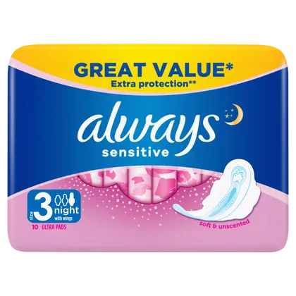 Always Sensitive Night (Size 3) Pads with Wings Pack of 10