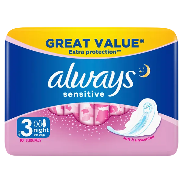 Always Sensitive Night (Size 3) Pads with Wings Pack of 10