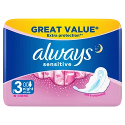 Always Sensitive Night (Size 3) Pads with Wings Pack of 10
