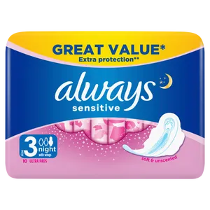Always Sensitive Night (Size 3) Pads with Wings Pack of 10