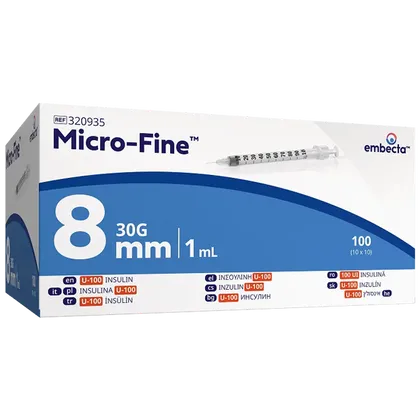 BD Micro-Fine Syringe and Needle 1ml 30g 8mm U100 Pack of 100