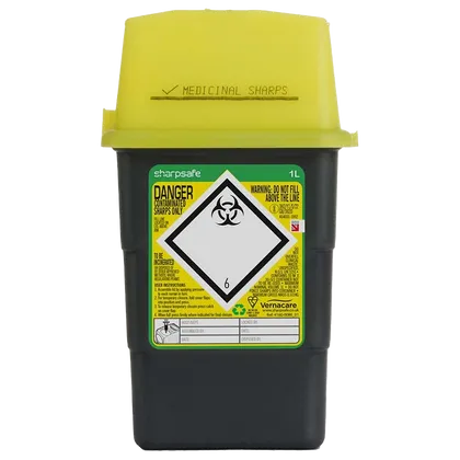 Sharpsafe 1L Grey Yellow Lid UK Sharps Bin