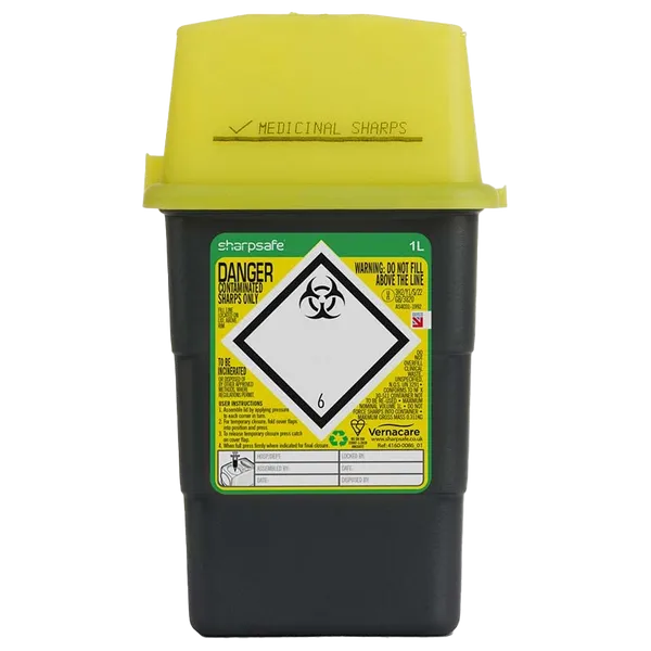 Sharpsafe 1L Grey Yellow Lid UK Sharps Bin