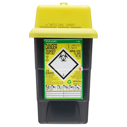 Sharpsafe 1.8L Grey Yellow Lid UK Sharps Bin