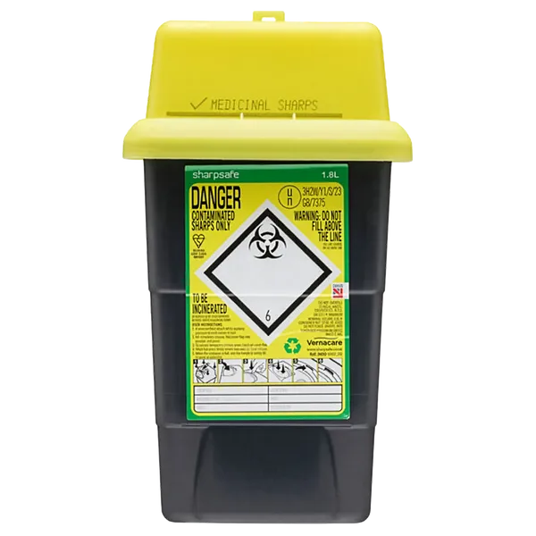 Sharpsafe 1.8L Grey Yellow Lid UK Sharps Bin