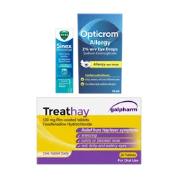 Treathay Fexofenadine 120mg Tablets Pack of 30 + Opticrom Allergy Eyedrops 10ml + Vicks Sinex Micromist Nasal Spray 15ml