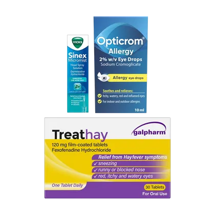Treathay Fexofenadine 120mg Tablets Pack of 30 + Opticrom Allergy Eyedrops 10ml + Vicks Sinex Micromist Nasal Spray 15ml