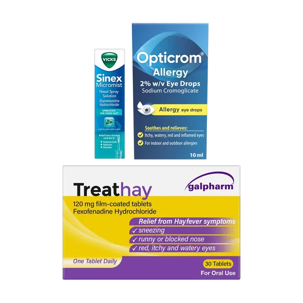 Treathay Fexofenadine 120mg Tablets Pack of 30 + Opticrom Allergy Eyedrops 10ml + Vicks Sinex Micromist Nasal Spray 15ml