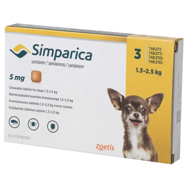 Simparica Chewable Tablets 5mg Pack of 3 (1.3 - 2.5kg)