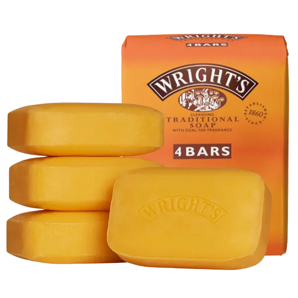 Front view of Wright's Traditional Soap packaging with four individual soap bars