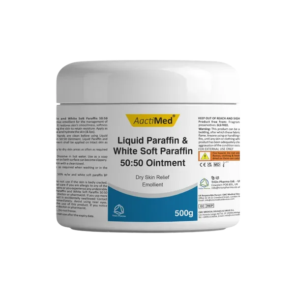 AactiMed Liquid Paraffin & White Soft Paraffin 50:50 Ointment 500g tub, front view