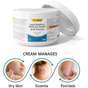 AactiMed 50:50 Ointment 500g tub with the lid open, above close-up photos of dry skin, eczema and psoriasis