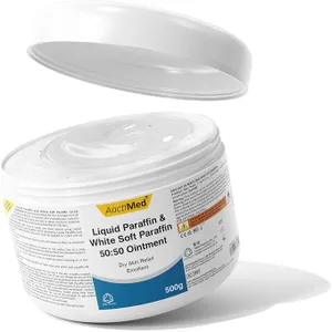 AactiMed Liquid Paraffin & White Soft Paraffin 50:50 Ointment 500g tub with the lid lifted, showing the ointment inside