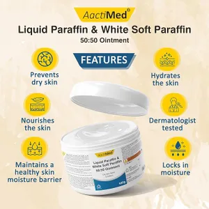 AactiMed Liquid Paraffin & White Soft Paraffin 50:50 Ointment features infographic with the open tub