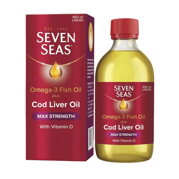 Seven Seas Omega-3 Fish Oil plus Cod Liver Oil Max Strength Liquid 450ml, box and bottle front view