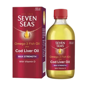 Seven Seas Omega-3 Fish Oil plus Cod Liver Oil Max Strength Liquid 450ml, box and bottle front view