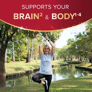 Seven Seas Cod Liver Oil Max Strength graphic: supports your brain and body, with a woman doing yoga outdoors